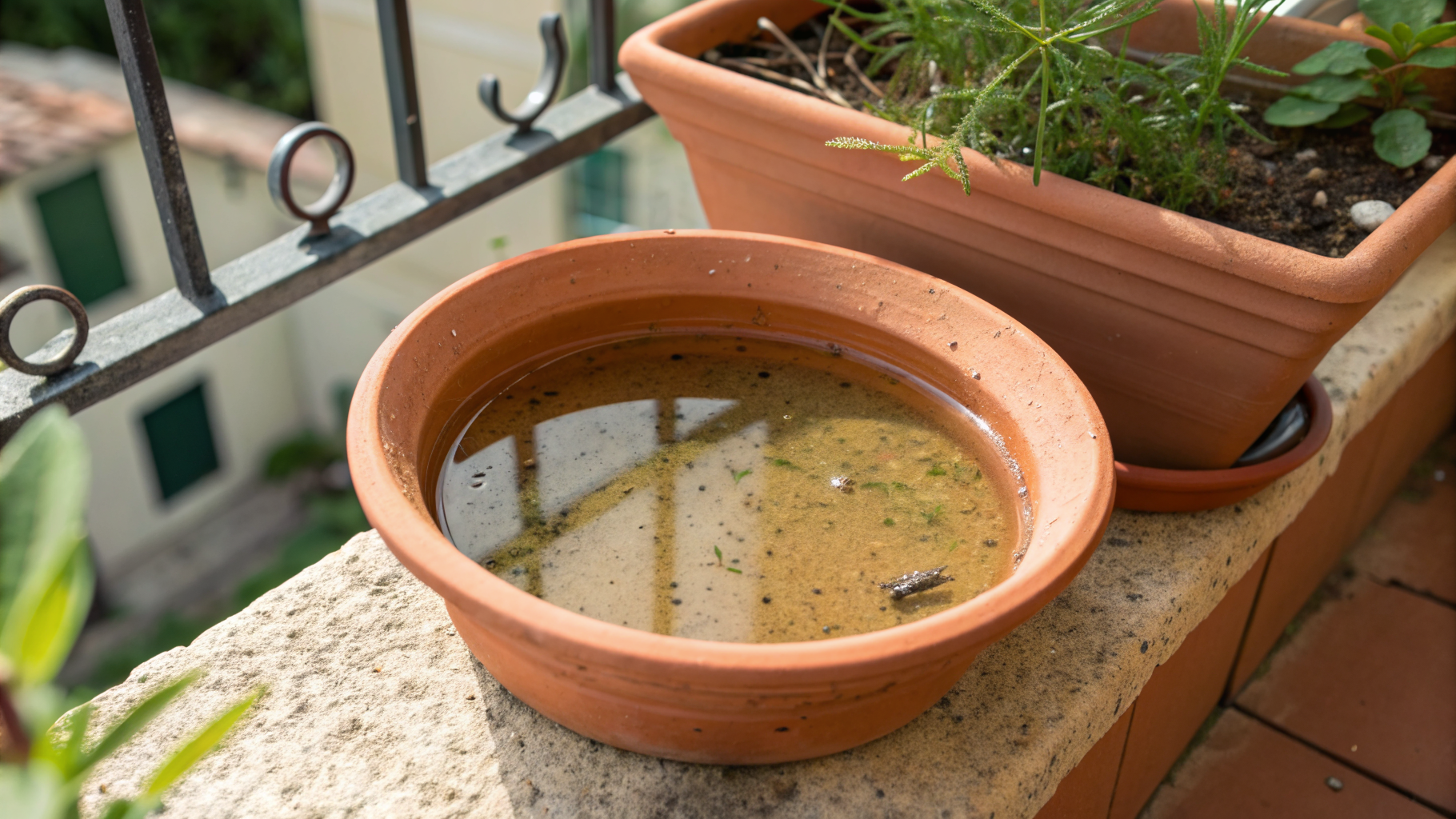 Coupelle de pot de fleurs remplie d'eau stagnante, gîte larvaire typique du moustique tigre sur un balcon