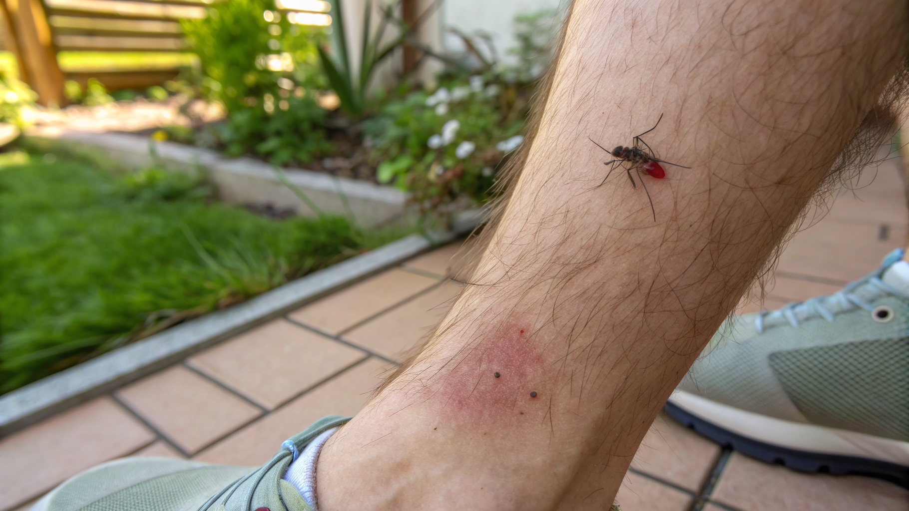Gros plan sur une piqûre de moustique tigre gonflée et rouge sur la peau, documentation terrain
