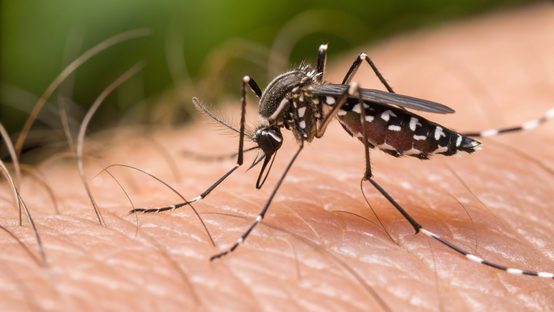 Macro photo d'un moustique tigre Aedes albopictus aux pattes rayees noir et blanc pose sur la peau