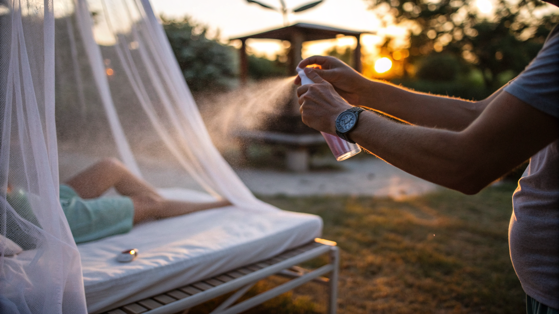 Application d'un répulsif anti-moustique sur l'avant-bras en soirée, moustiquaire visible en arrière-plan