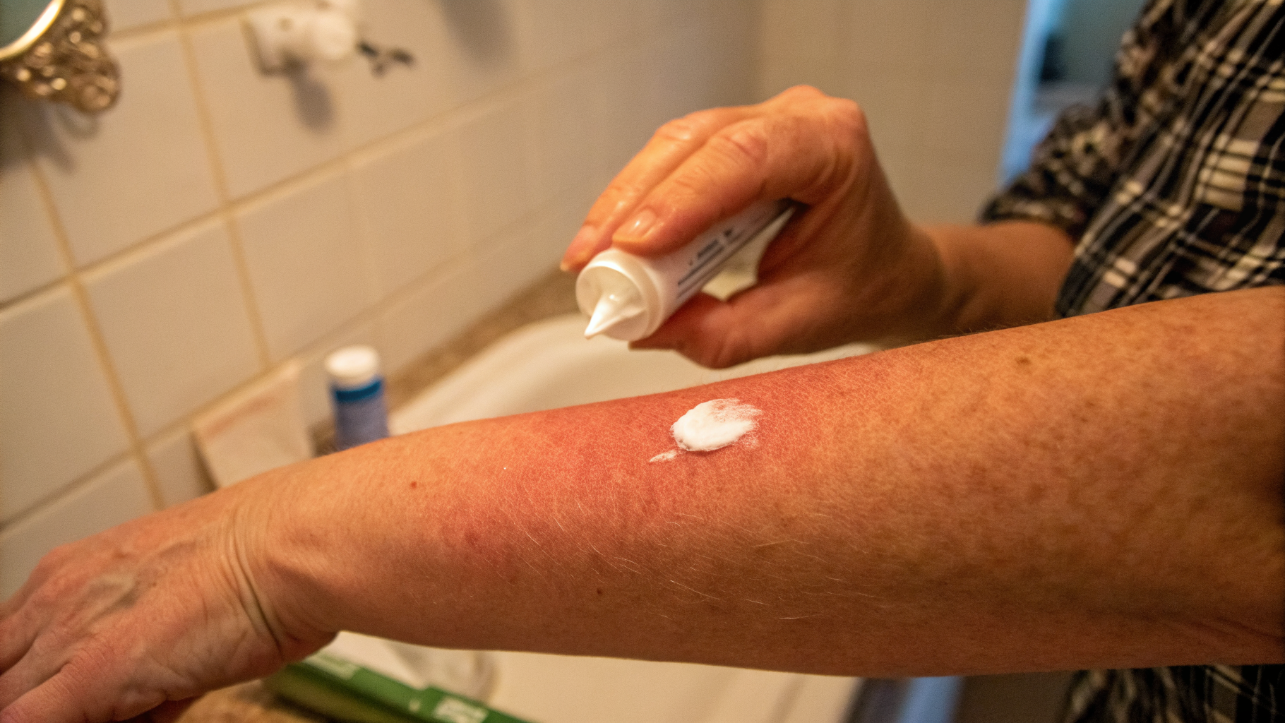 Application d'une crème antihistaminique sur une piqûre de moustique au bras