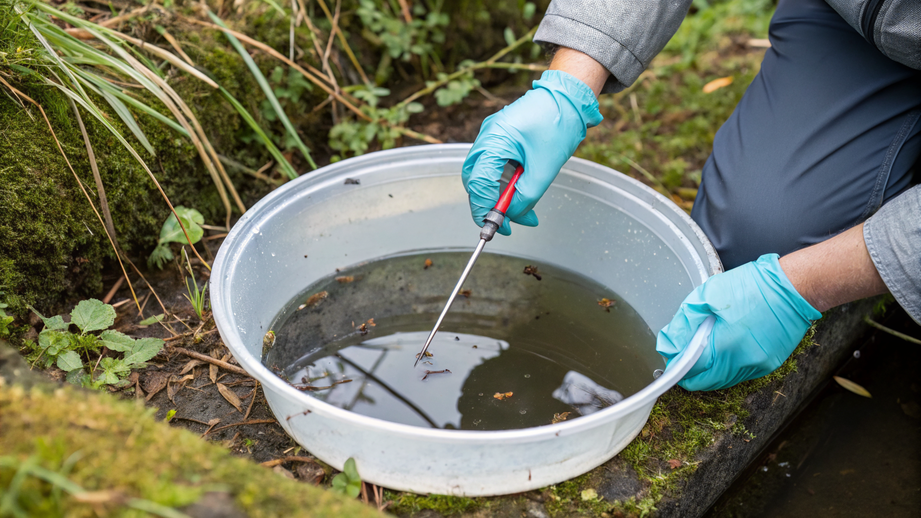 Inspection d'une eau stagnante dans une coupelle de jardin, gîte larvaire de moustiques