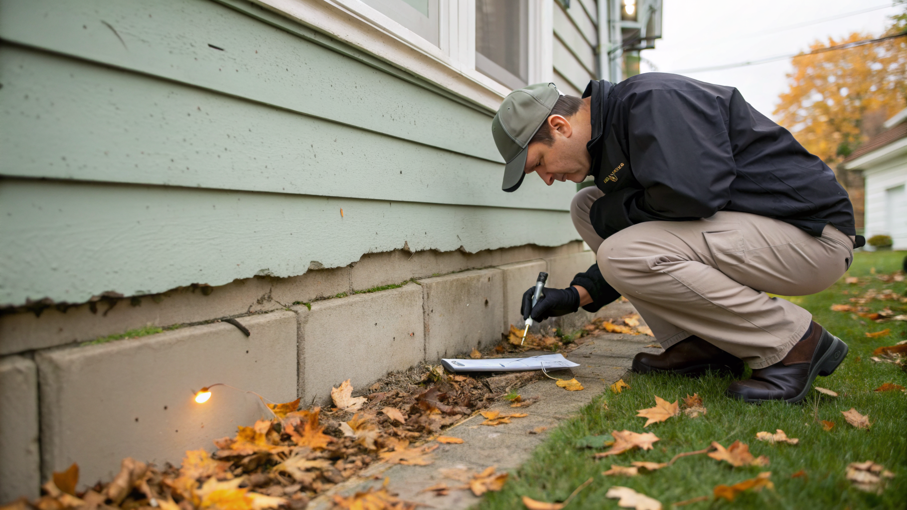 Technicien Sanalia inspectant les fondations extérieures d'une maison à la recherche de points d'entrée de rongeurs avant l'hiver