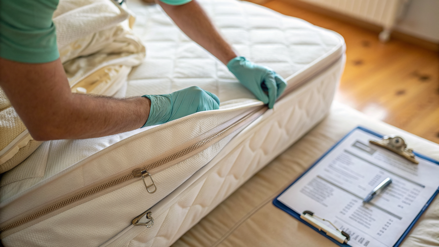 Pose d'une housse d'encasement intégrale sur un matelas pour piéger les punaises de lit