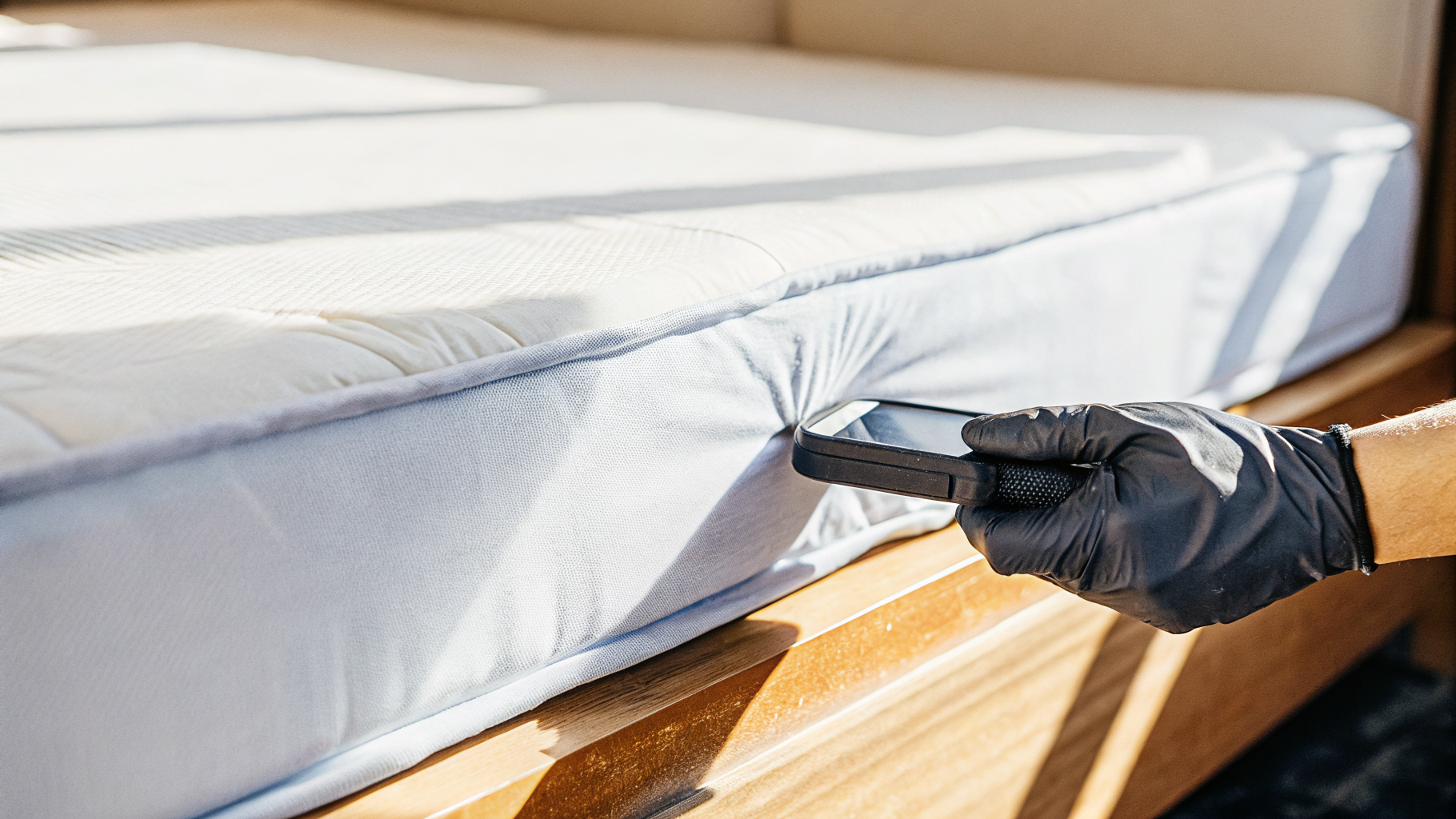Inspection d'un matelas d'hôtel pour détecter des punaises de lit, lampe de téléphone éclairant les coutures