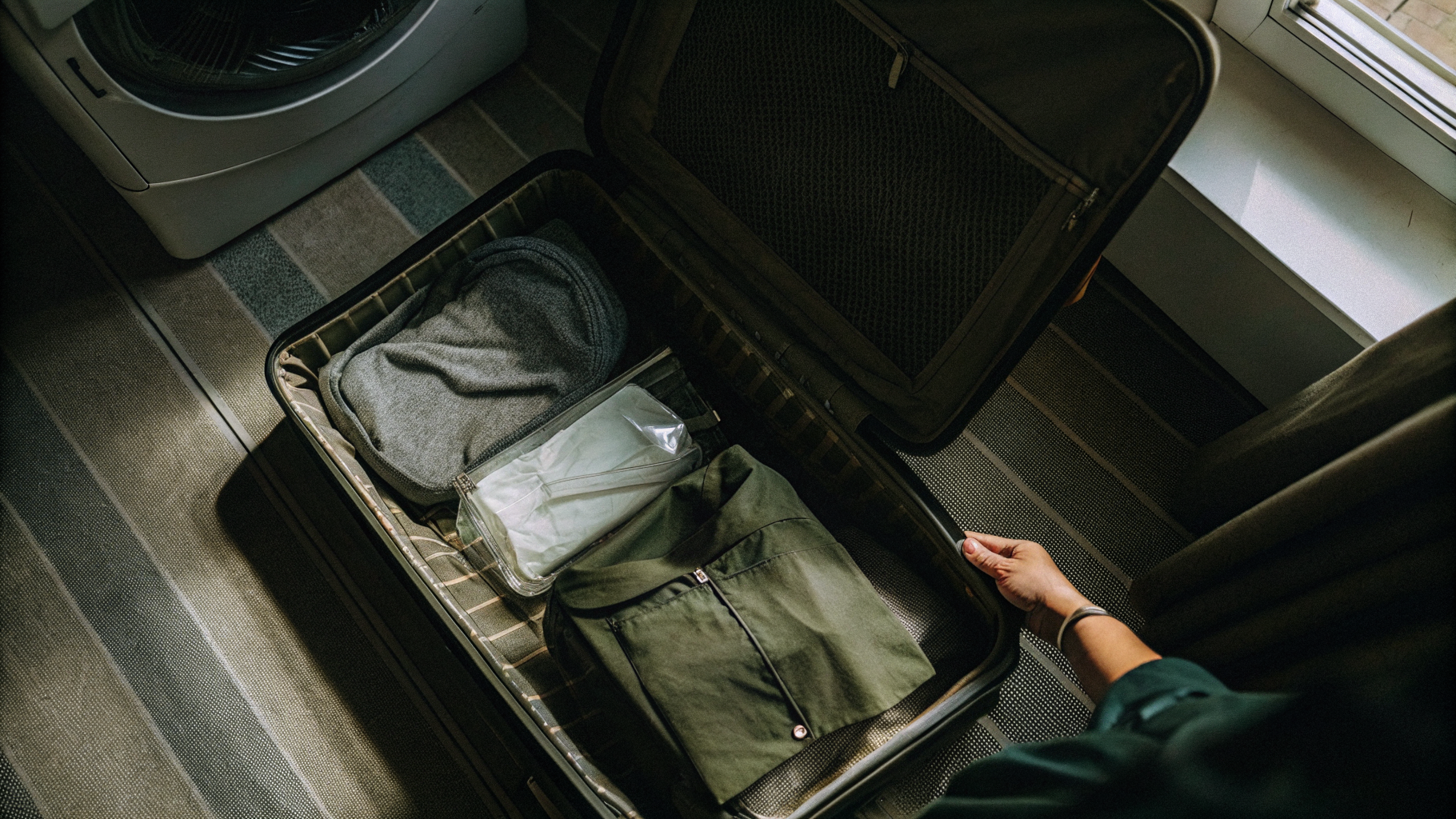 Valise ouverte avec vêtements emballés dans des sacs hermétiques transparents après un voyage