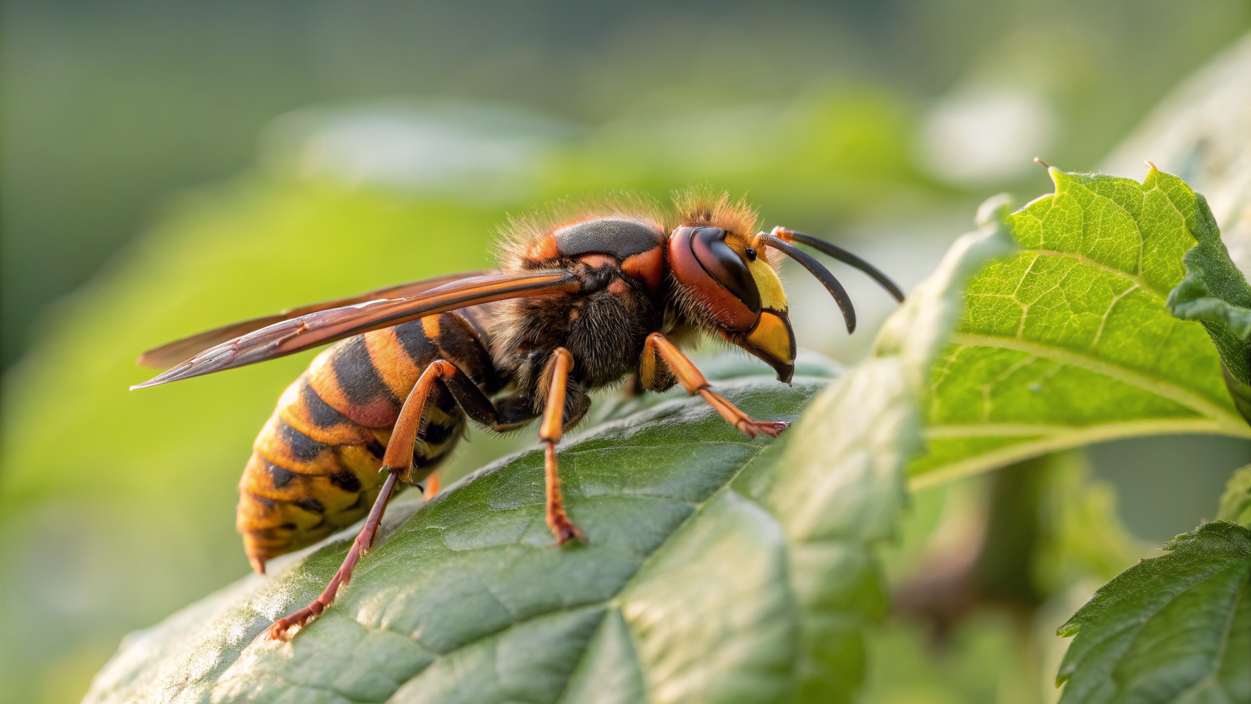 Reine frelon asiatique (Vespa velutina) au repos sur une feuille, thorax noir velouté et face orangée visibles