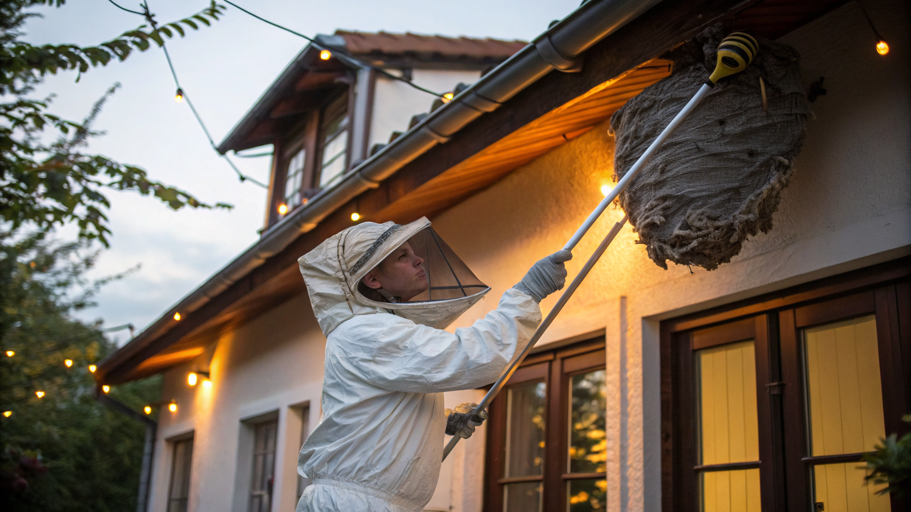 Technicien Certibiocide traitant un nid de frelons asiatiques sous une toiture