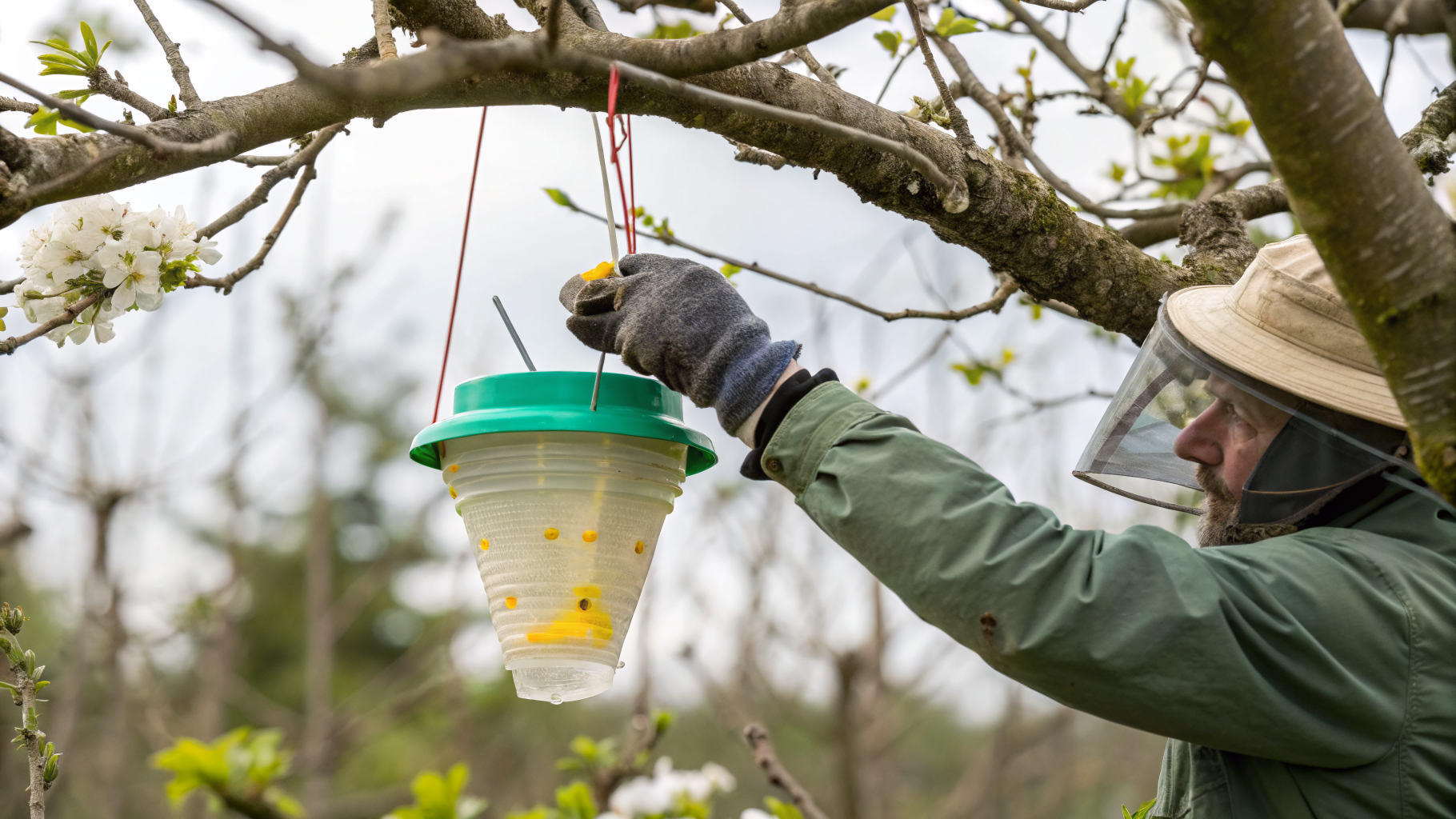 Piège sélectif à frelon asiatique installé dans un arbre au printemps