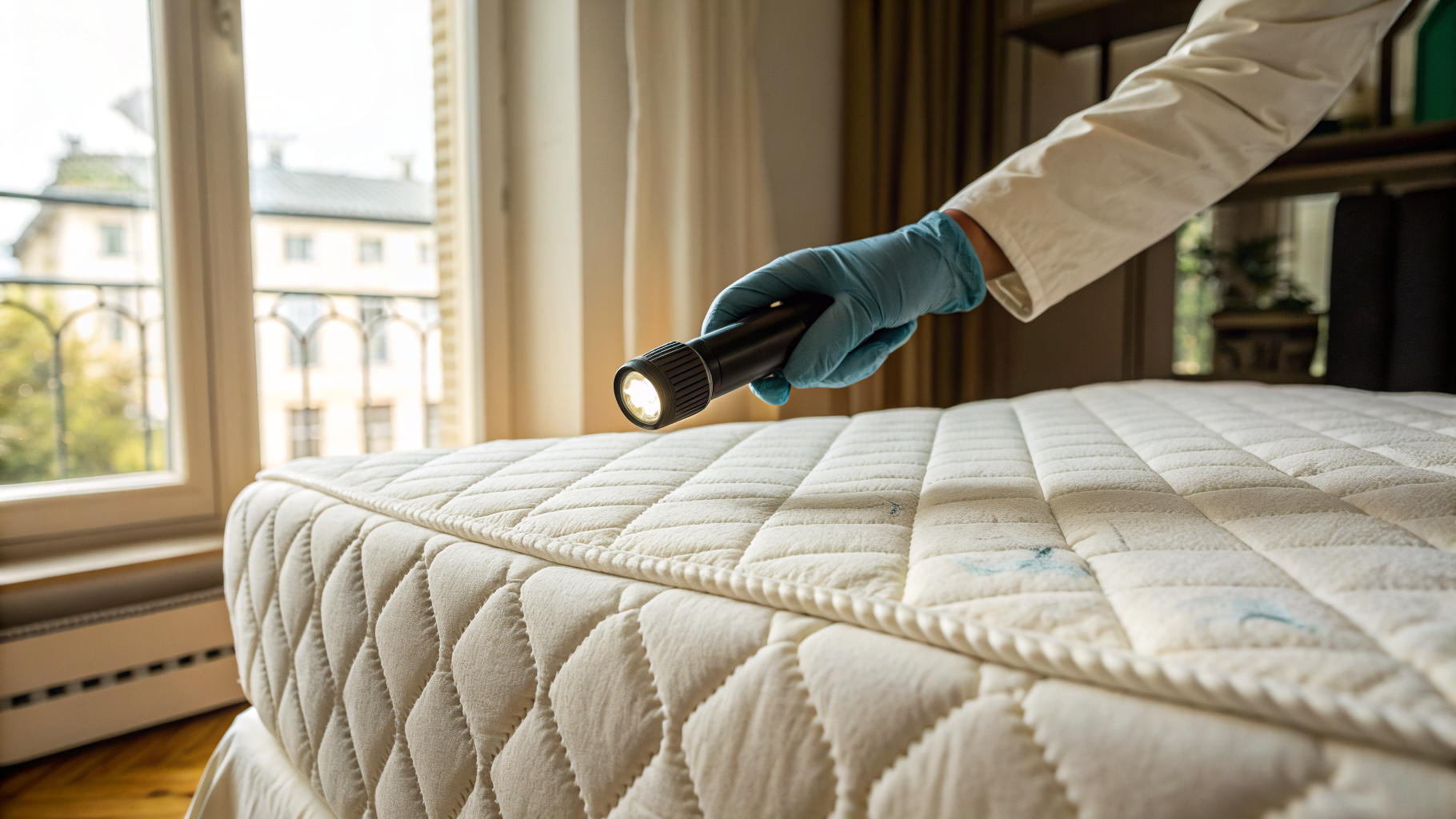 Technicien Sanalia inspectant à la lampe torche la couture d'un matelas pour détecter des punaises de lit