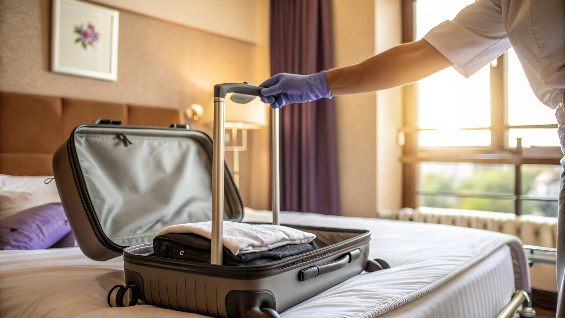 Valise posée sur un porte-bagages dans une chambre d'hôtel pour éviter les punaises de lit