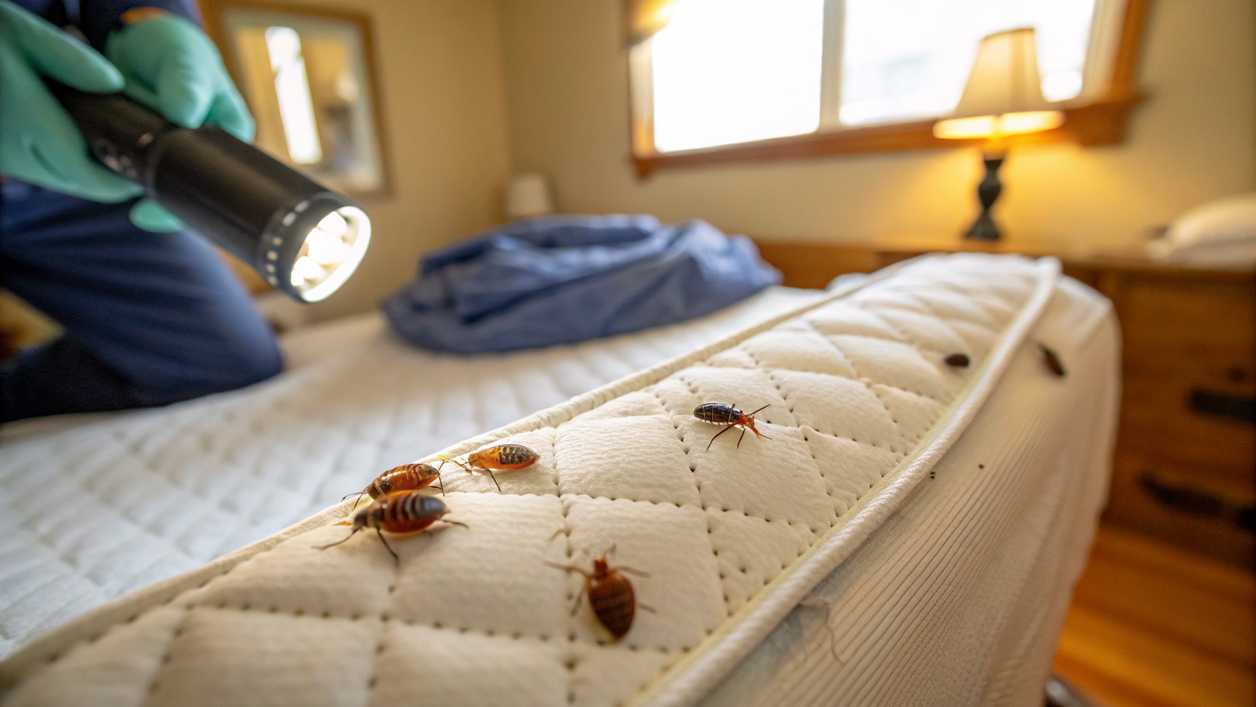 Détection de punaises de lit avec lampe UV dans une chambre