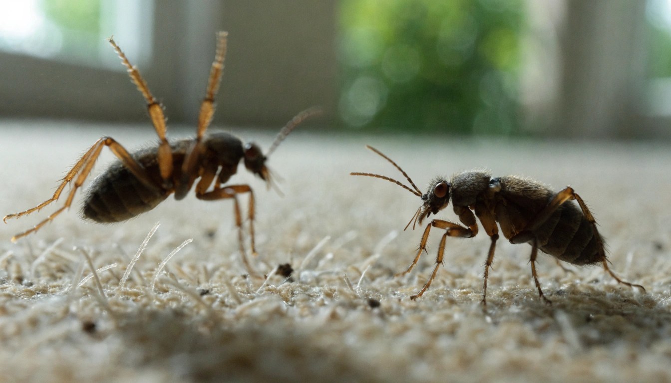 Puces adultes au sol sur tapis