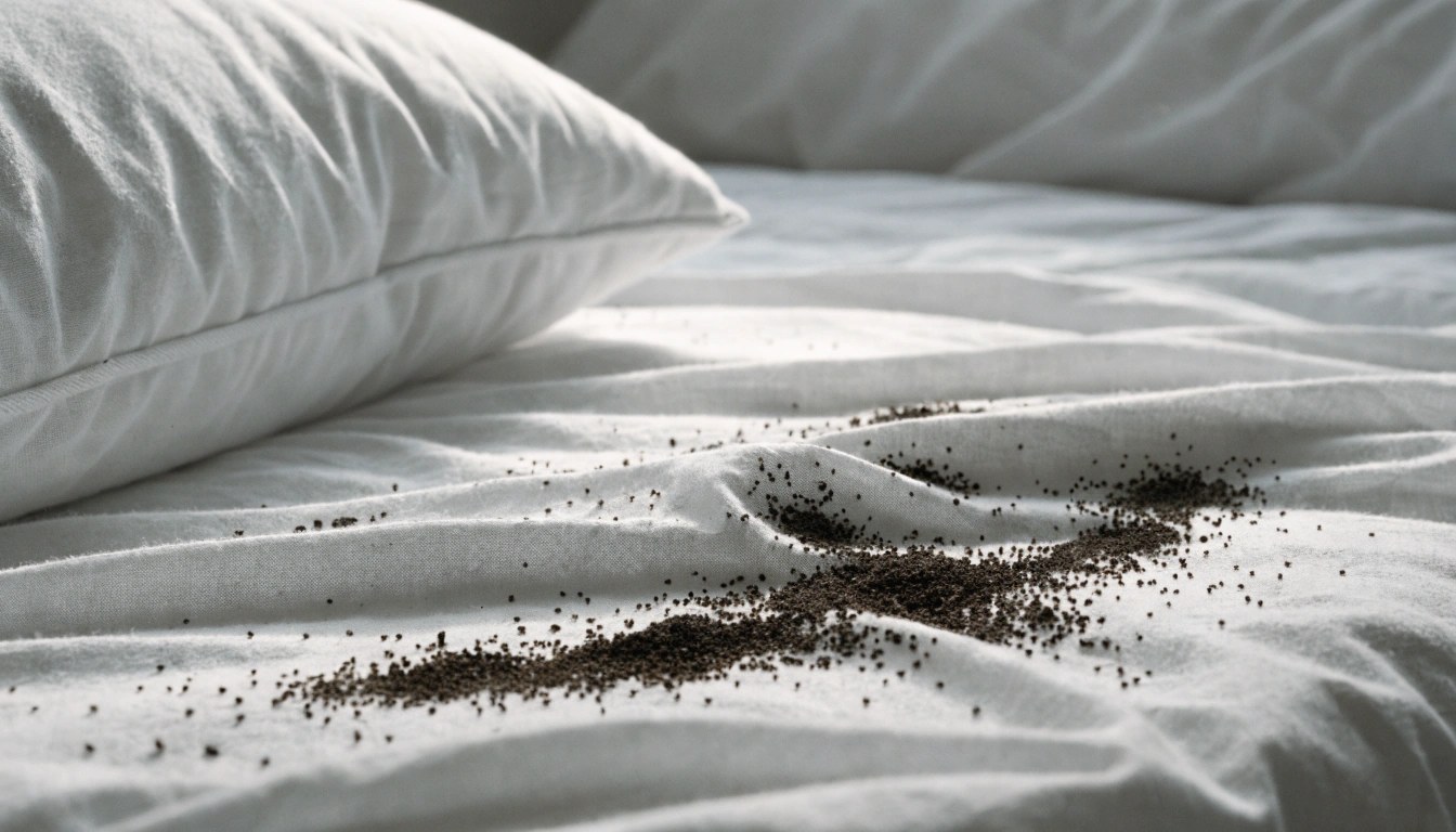 Crottes noires de puces sur literie blanche