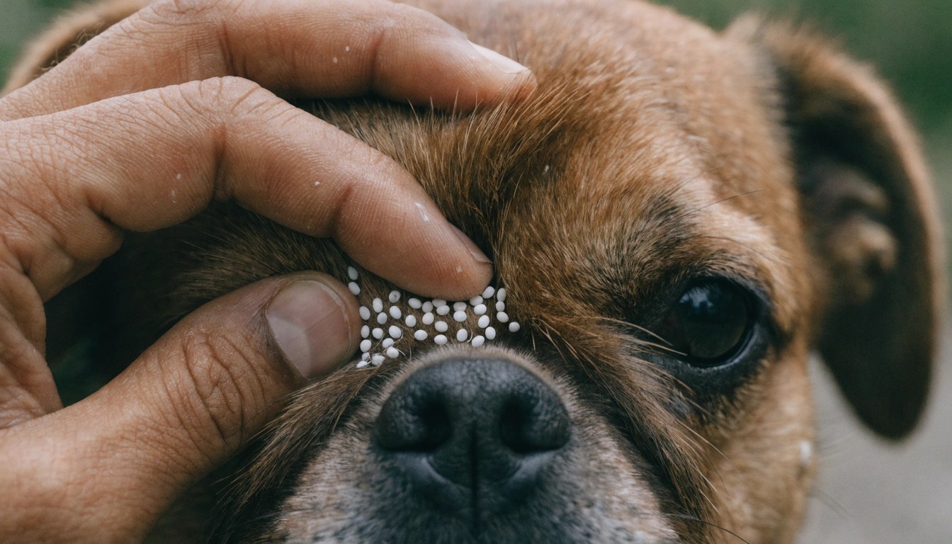 Œufs blancs de puces dans le pelage d'un animal